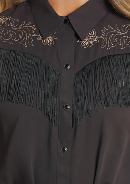 Rock and Roll Cowgirl Women's Black Embroidered Fringe Self Tie Shirt Dress BWD2R04473