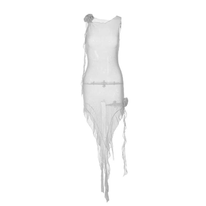 Ruffle sheer mesh see through flower applique ribbon sleeveless midi dress