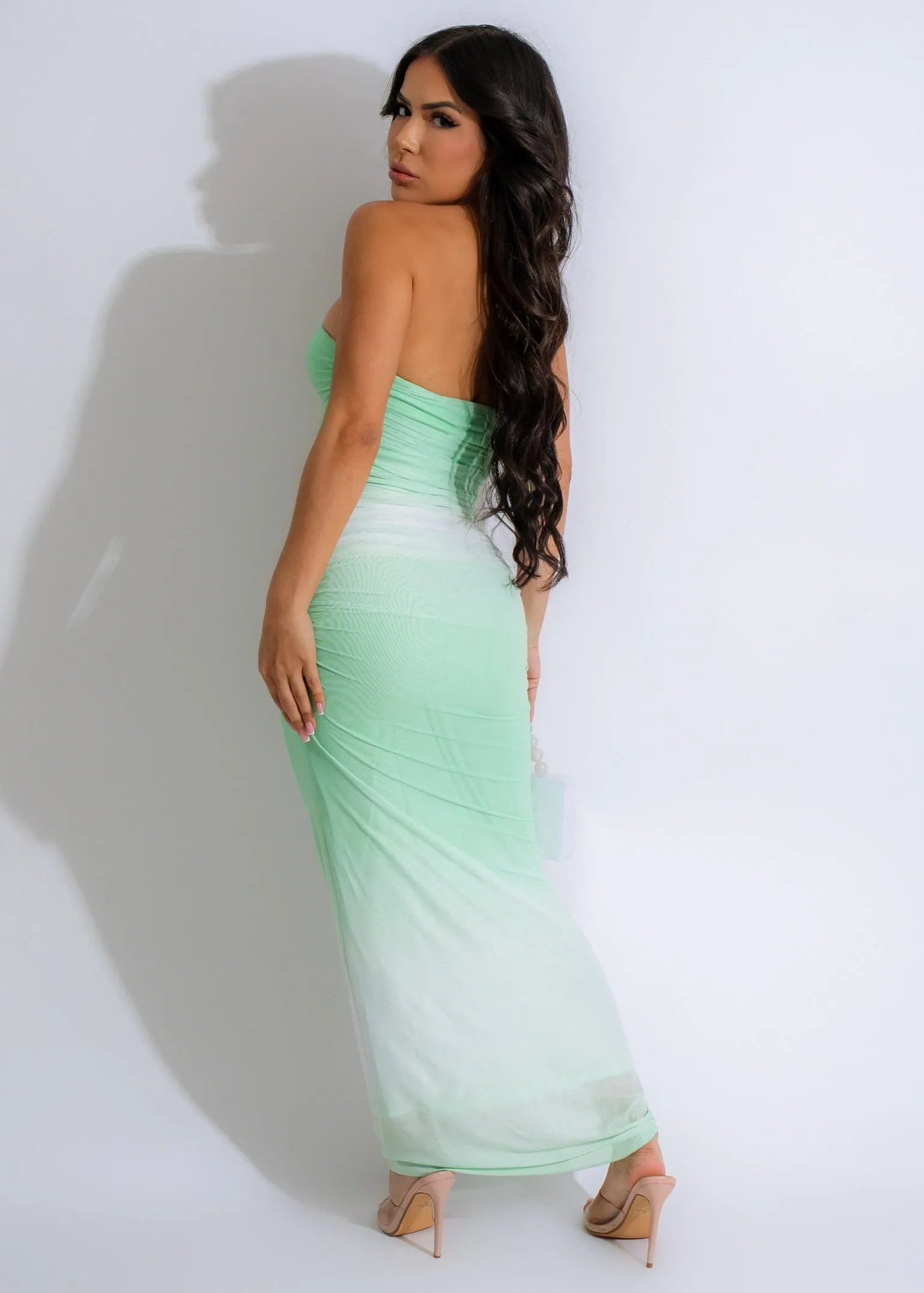 Sensual Degrade Mesh Ruched Maxi Dress Green