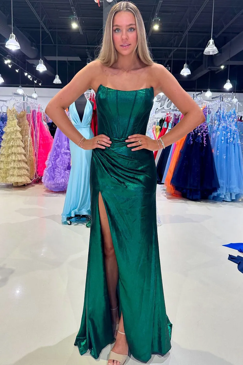 Serilda | Dark Green Strapless Sheath Satin Long Prom Dress With Split