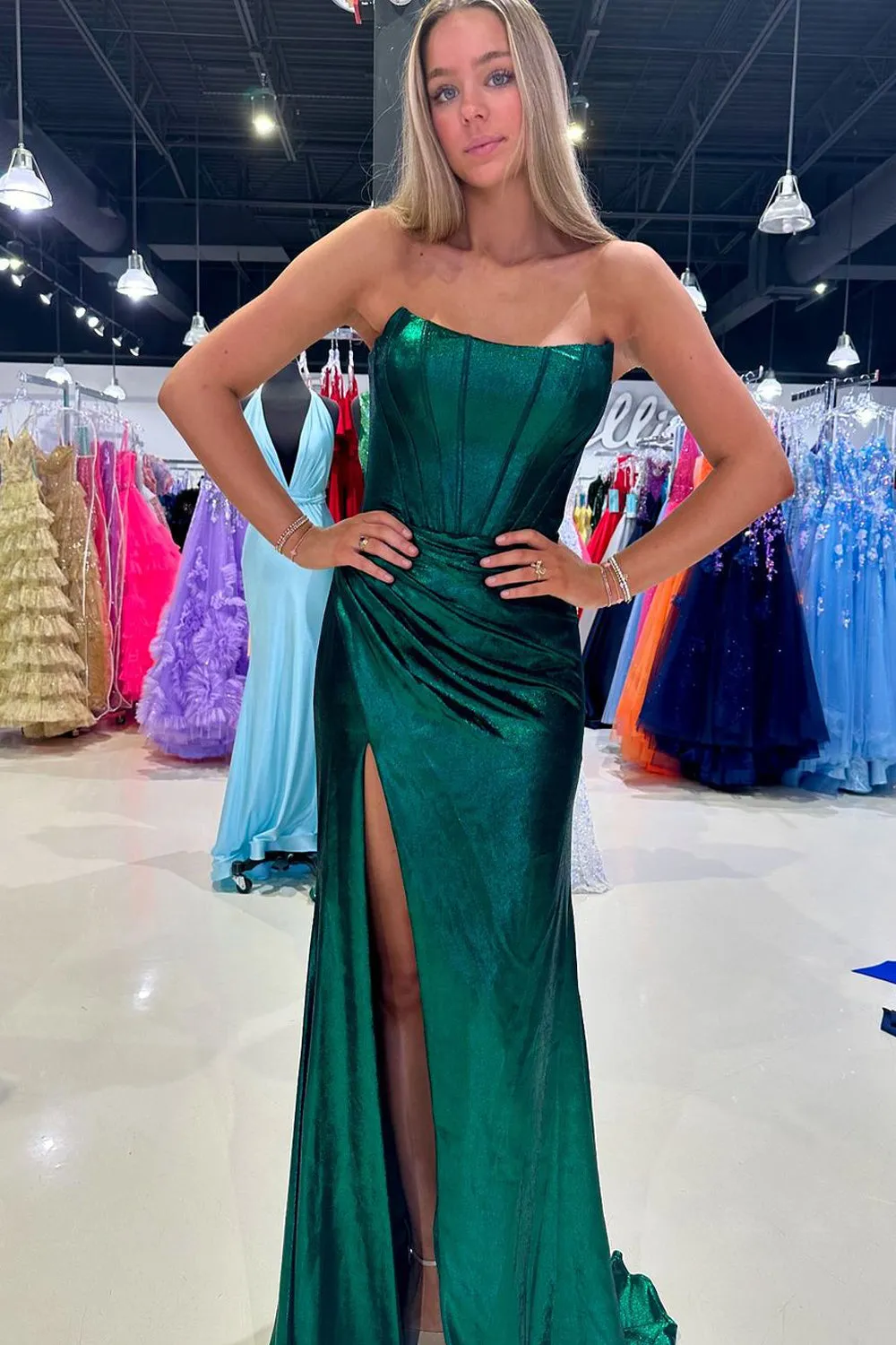 Serilda | Dark Green Strapless Sheath Satin Long Prom Dress With Split