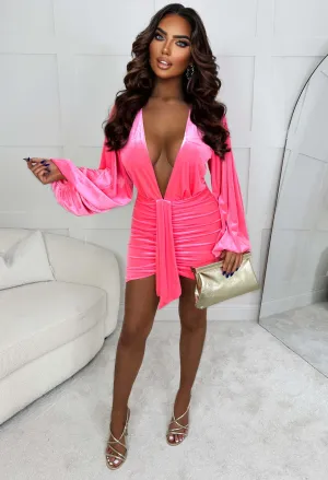 Set The Trend Neon Pink Long Sleeve Plunge Velvet Mini Dress