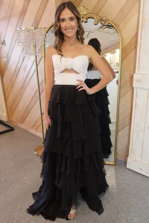 Sheath Strapless Keyhole White Black Chiffon Tiered Prom Dresses