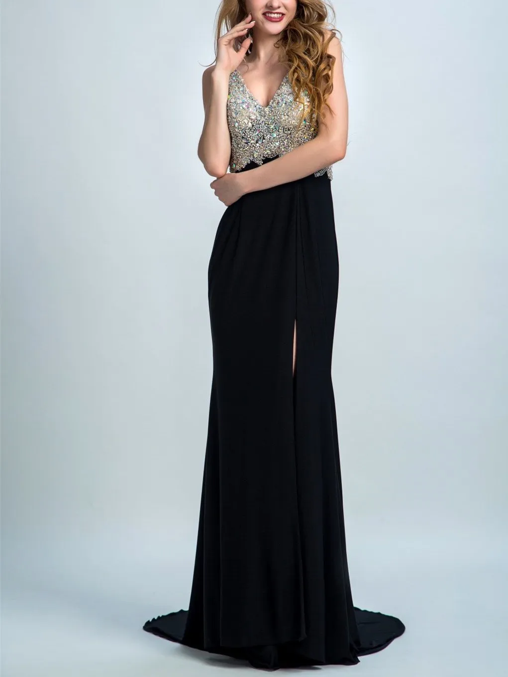 Sheath Sweetheart Sweep Train Chiffon  Rhine Stone Split Evening Dresses 2893