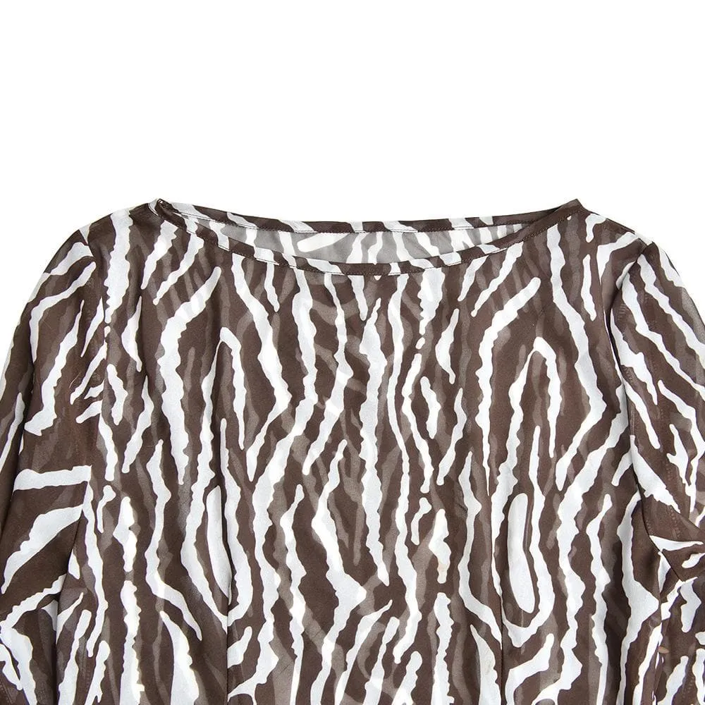 Sheer mesh see through zebra print long sleeve zip-up contrast maxi dress