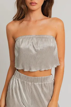 Shimmer Pleated Texture Crop Strapless Top