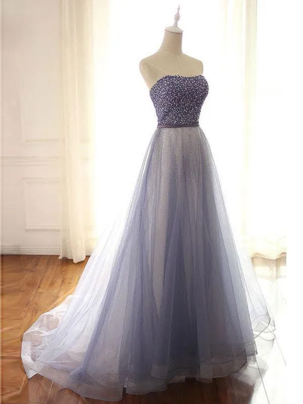 Shimmering Tulle Strapless Neckline A-line Evening Dresses With Beading PD036