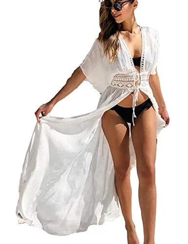 Short Sleeve Lace-Up Kimono Cardigans Women's Beach Cover Up