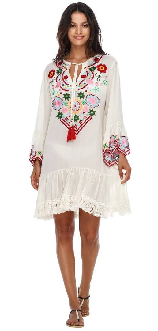 SHU-SHI Women's Bohemian Embroidered Tunic Dress - Bell Sleeve Swimsuit Cover-Up & Casual Short Shift Dress