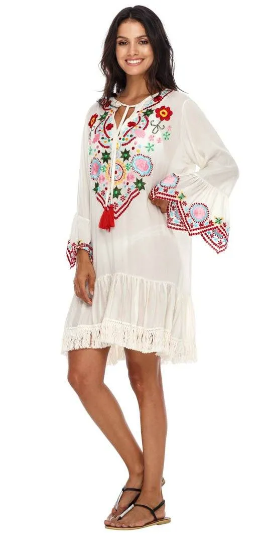 SHU-SHI Women's Bohemian Embroidered Tunic Dress - Bell Sleeve Swimsuit Cover-Up & Casual Short Shift Dress