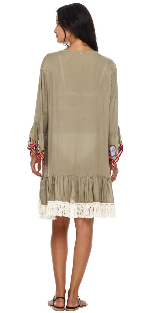 SHU-SHI Women's Bohemian Embroidered Tunic Dress - Bell Sleeve Swimsuit Cover-Up & Casual Short Shift Dress