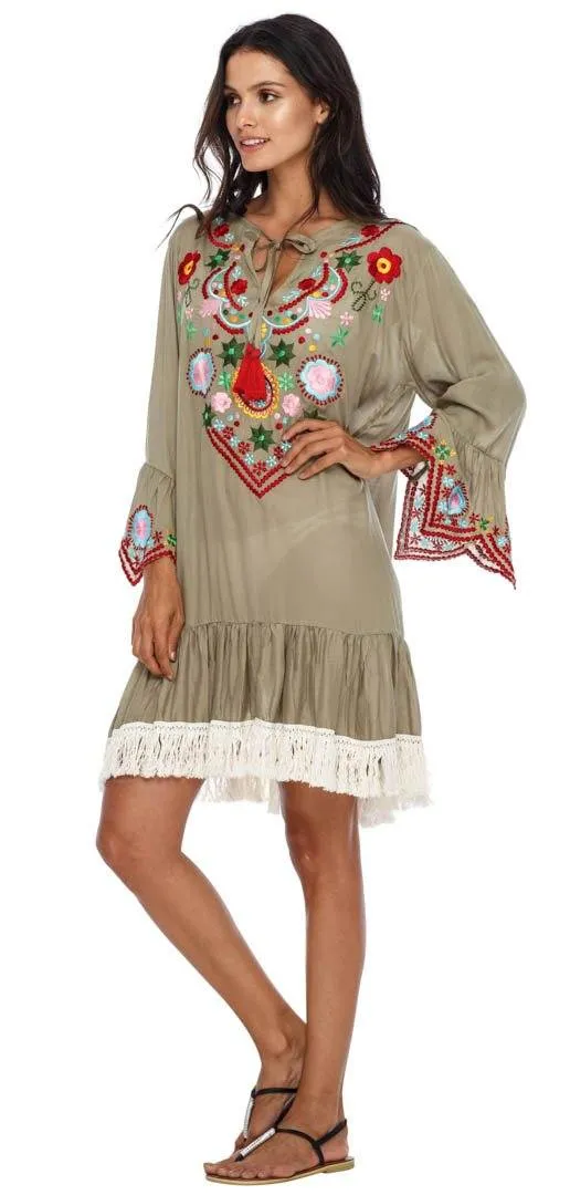 SHU-SHI Women's Bohemian Embroidered Tunic Dress - Bell Sleeve Swimsuit Cover-Up & Casual Short Shift Dress