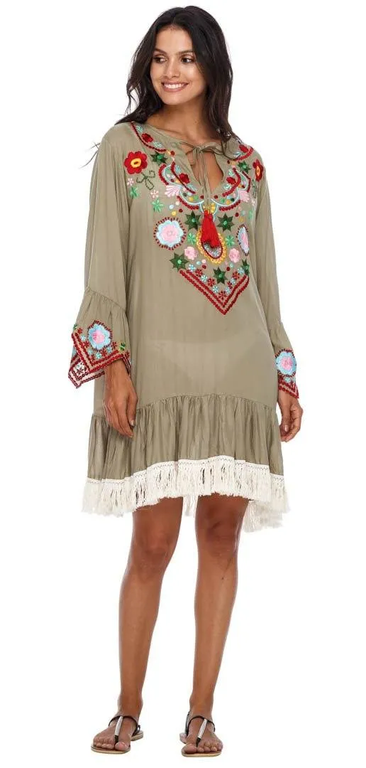 SHU-SHI Women's Bohemian Embroidered Tunic Dress - Bell Sleeve Swimsuit Cover-Up & Casual Short Shift Dress