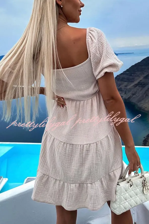 Solid Color Versatile Lace-Up V Neck Balloon Sleeve Mini Dress