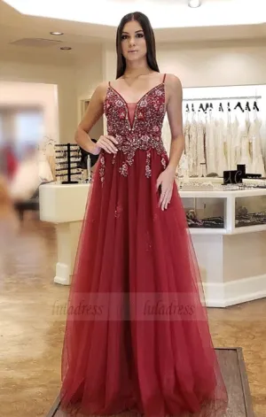 Spaghetti Straps Prom Dresses, Sexy V-Neck Prom Gown with Beading