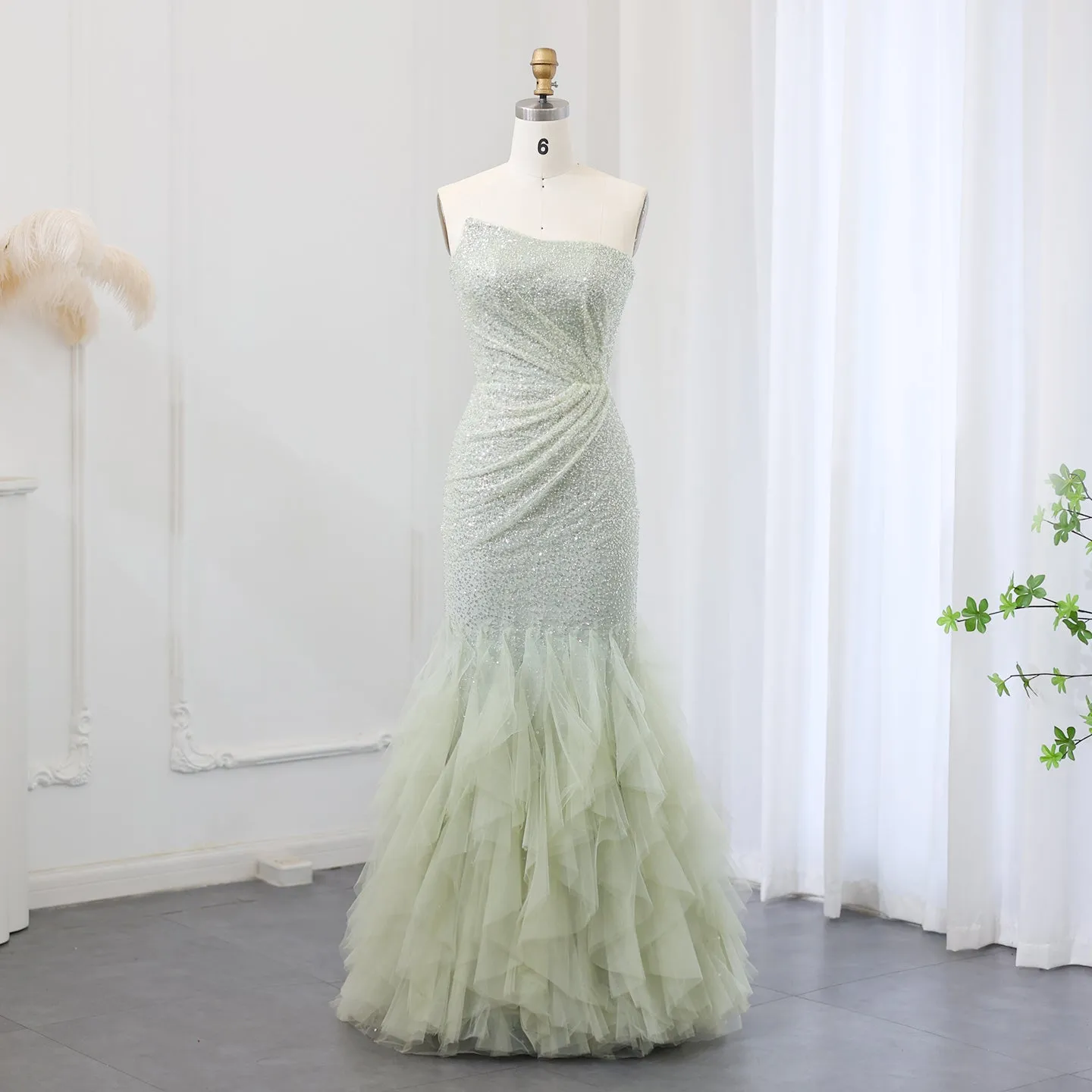 Sparkly Sage Green Sequined Evening Dress SS510