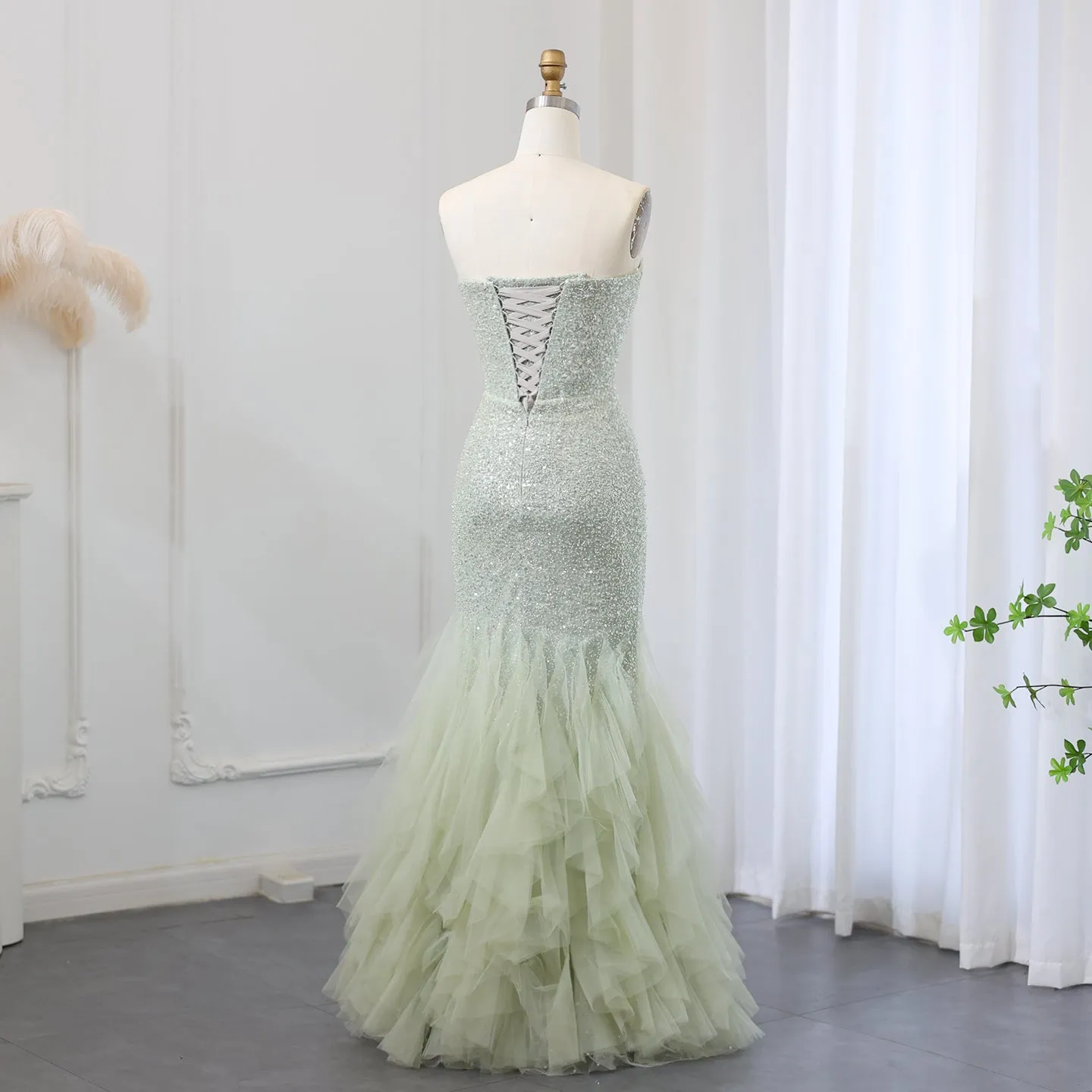 Sparkly Sage Green Sequined Evening Dress SS510