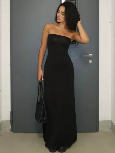 Strapless Backless Solid Color Slim Slit Long Dress