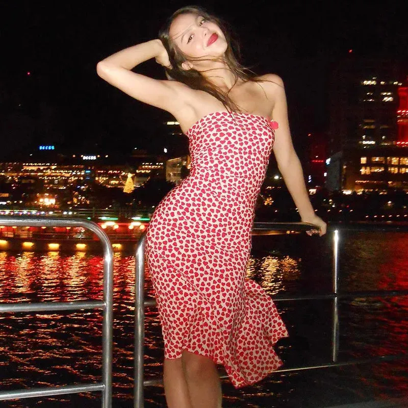 Strapless Heart Stylish Print Midi Dress