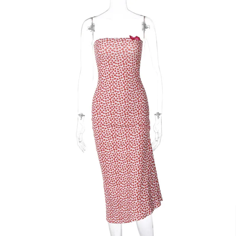 Strapless Heart Stylish Print Midi Dress