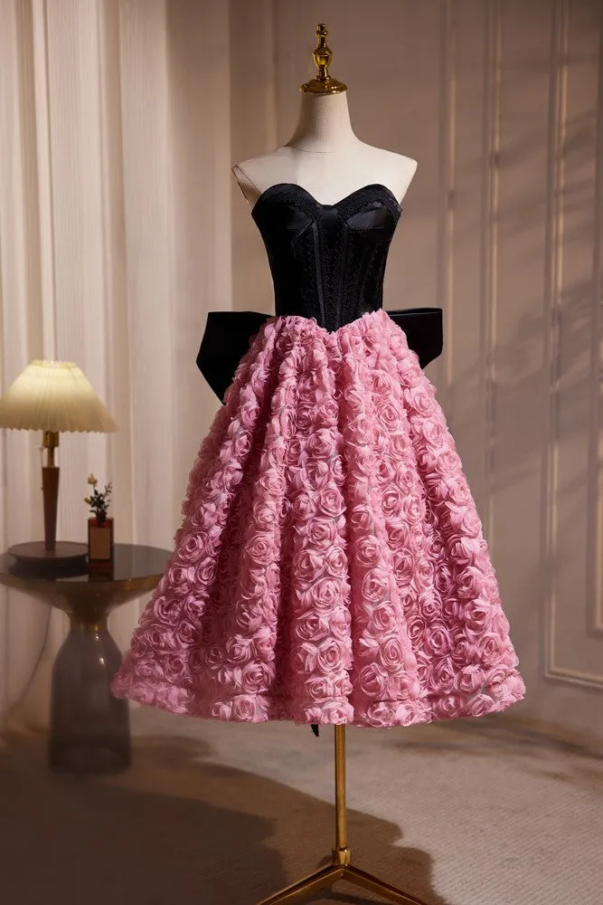 Strapless Hepburn Style Flower Prom Dresses with Bow Tie