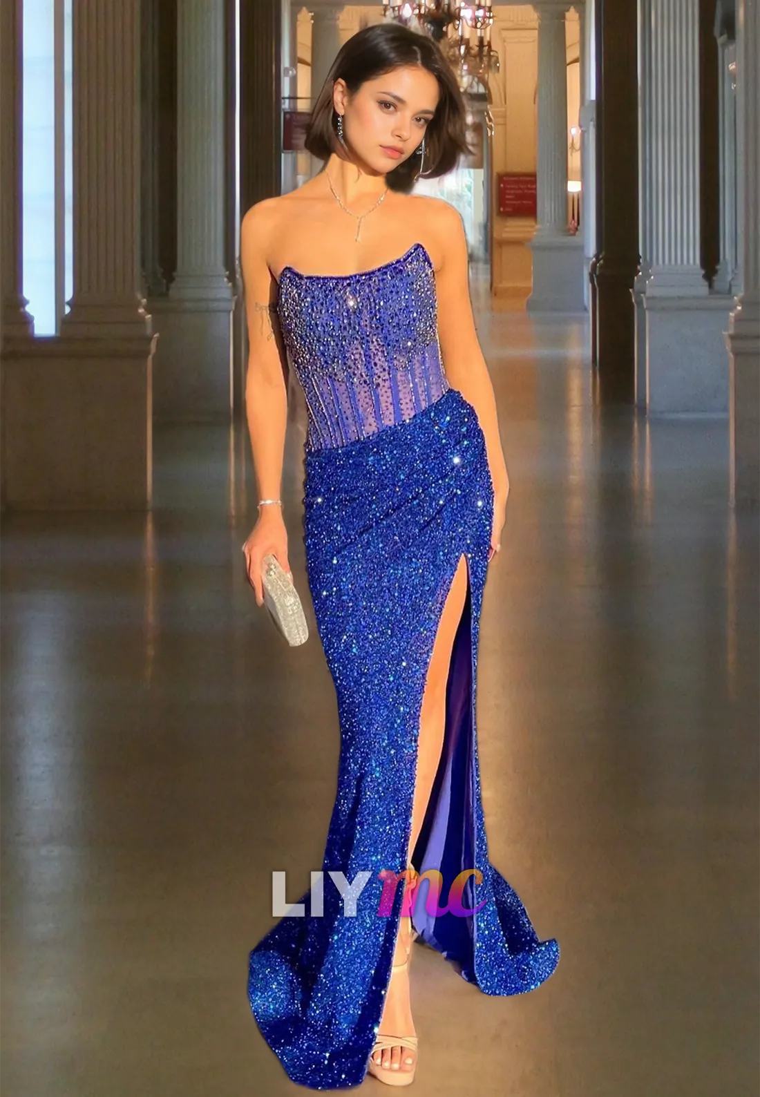 Strapless Sleeveless Beaded Ruched Sequins Sparkly Prom Dress