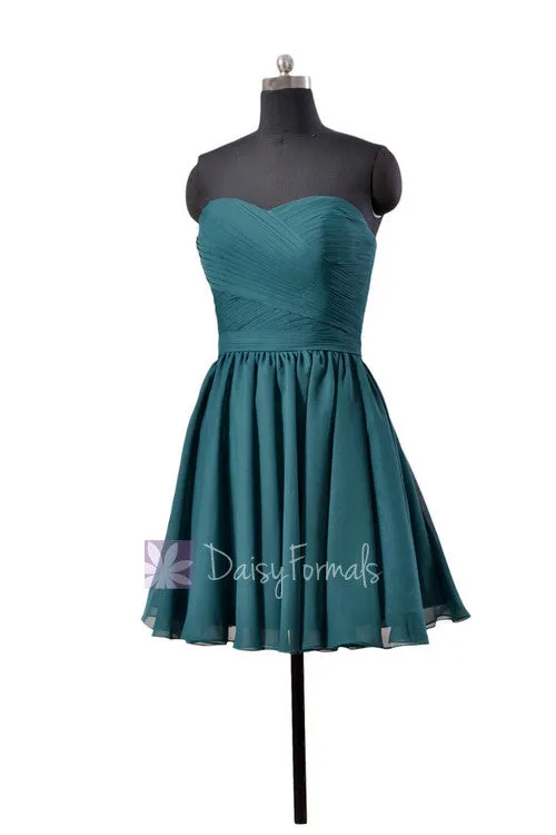 Stylish Peacock Teal  Mini Skirt Strapless Chiffon Cocktail Bridesmaid Dress(BM10824N)