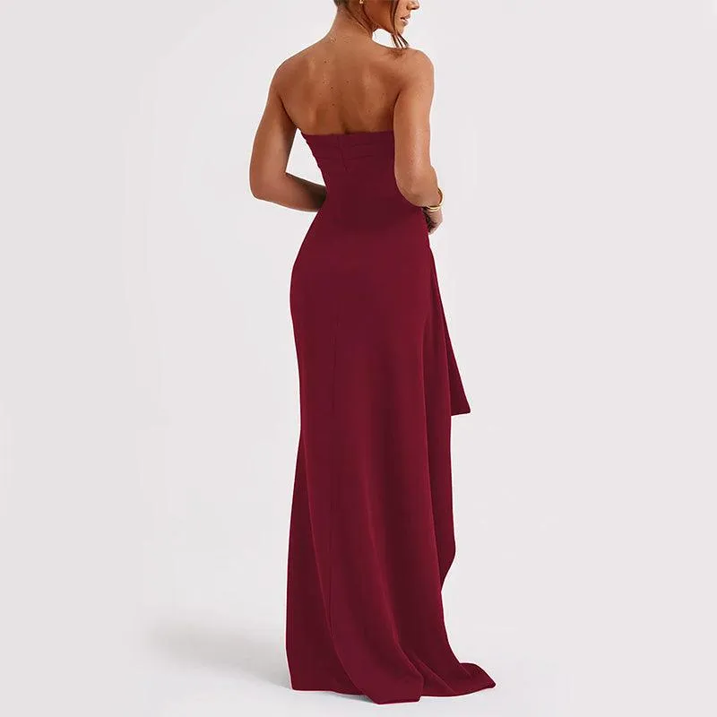 Stylish Strapless Split Long Dress Pleated