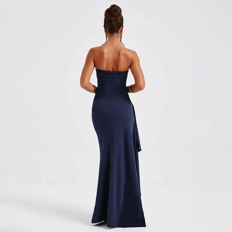 Stylish Strapless Split Long Dress Pleated