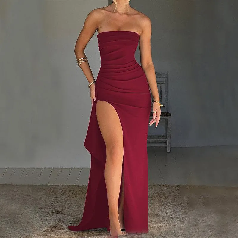 Stylish Strapless Split Long Dress Pleated