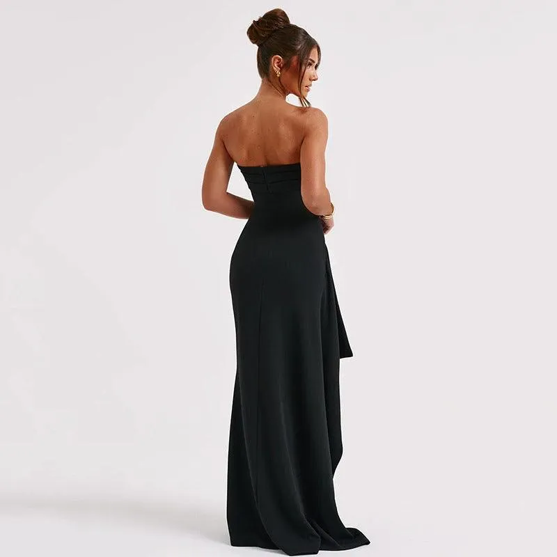 Stylish Strapless Split Long Dress Pleated