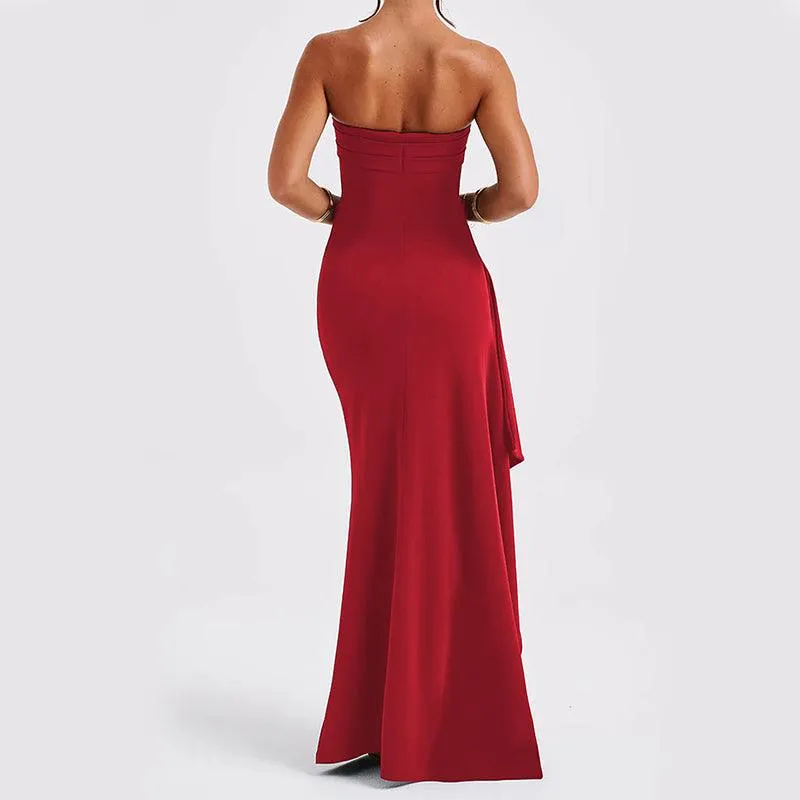 Stylish Strapless Split Long Dress Pleated