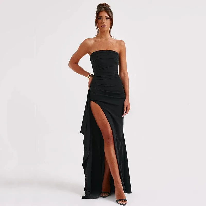 Stylish Strapless Split Long Dress Pleated