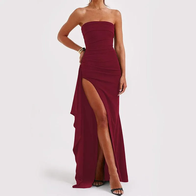 Stylish Strapless Split Long Dress Pleated