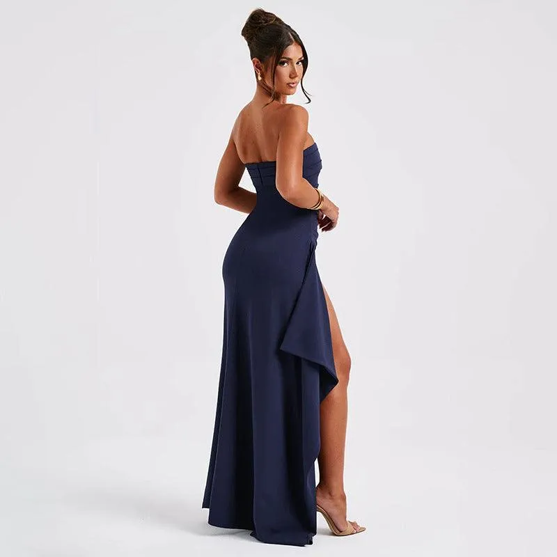 Stylish Strapless Split Long Dress Pleated