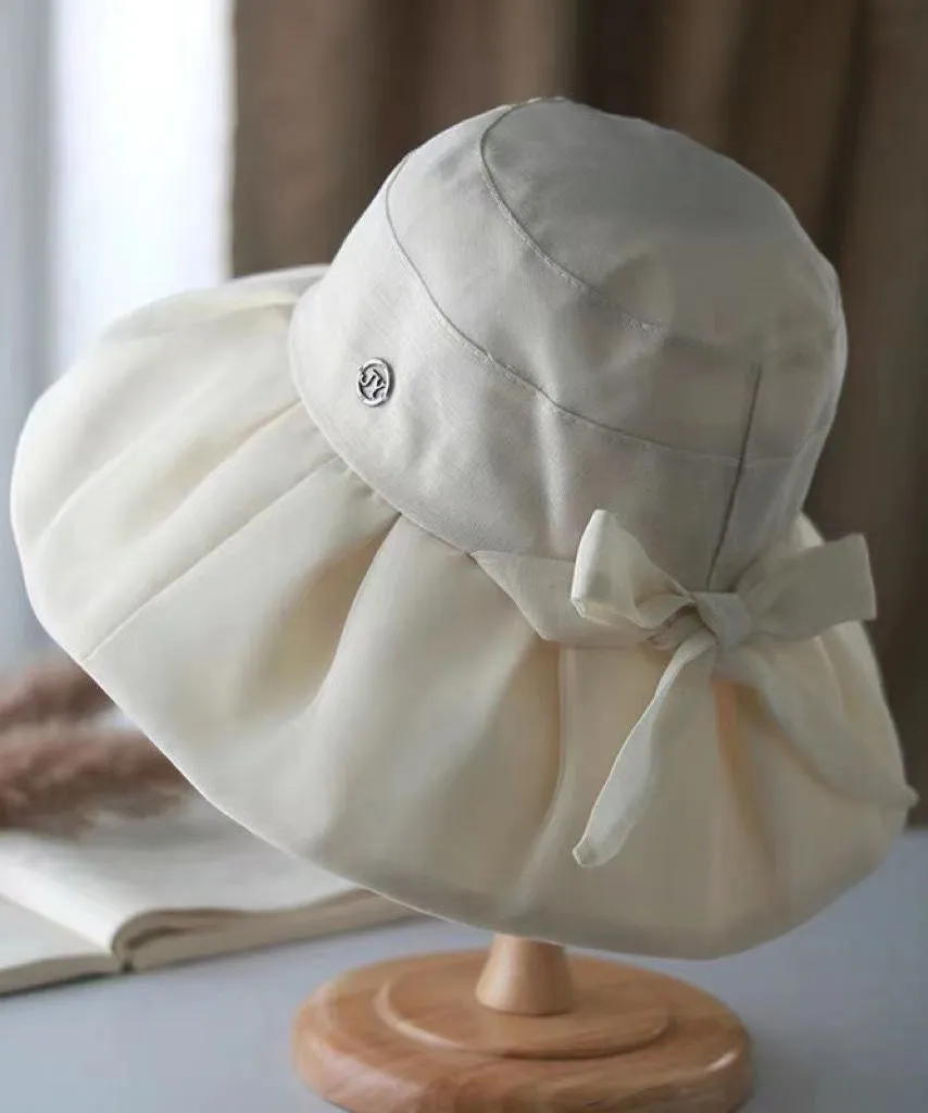 Stylish Versatile Beige Bow Wrinkled Bucket Hat II047