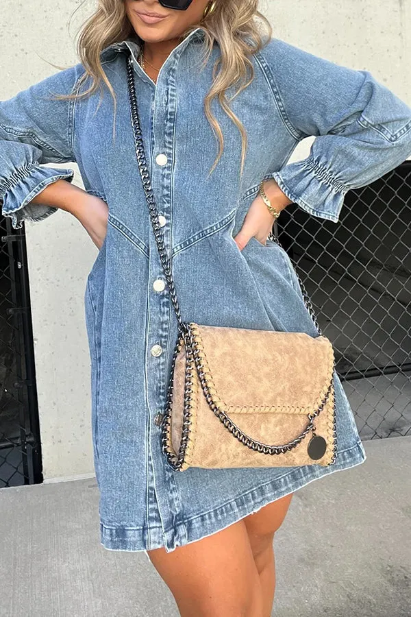 Tandi Washed Denim Long Sleeve Button Shirt Mini Dress