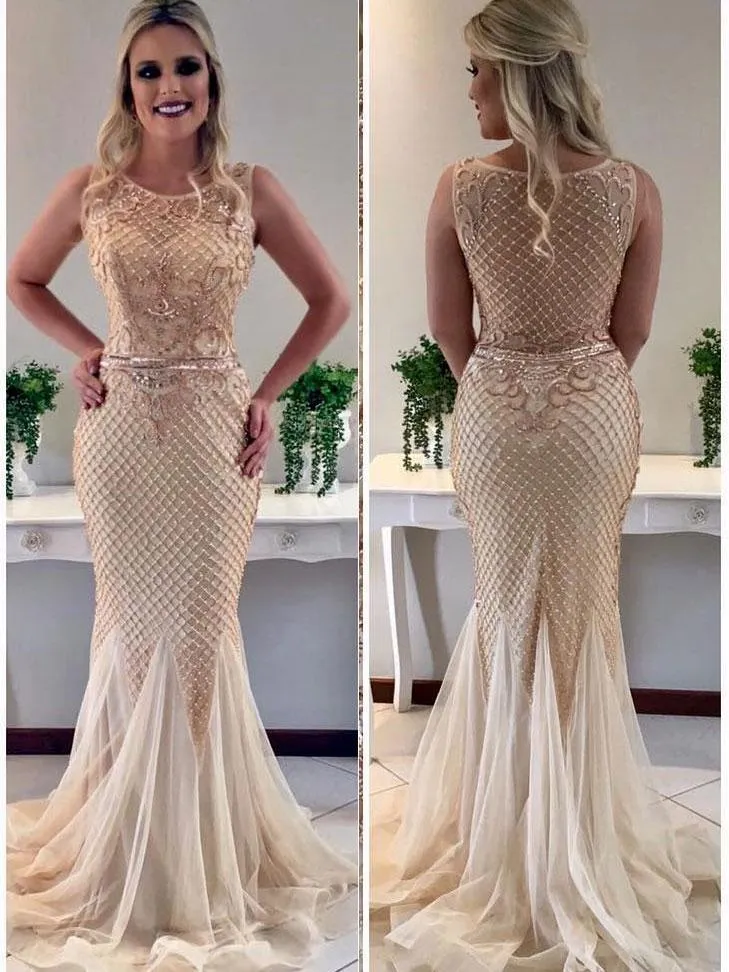 Trumpet/Mermaid Scoop Sweep Train Tulle Rhine Stone Beaded Evening Dresses 2825