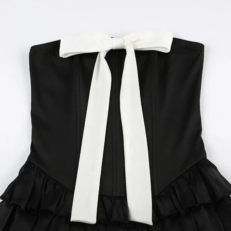 Uniwim Black Strapless Bow Ruffles Tiered Dress