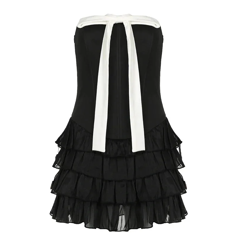 Uniwim Black Strapless Bow Ruffles Tiered Dress