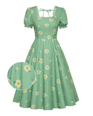 Vintage Daisy Flower Print Cottagecore Cocktail Dresses Square Neck Puff Sleeve Dress with Pockets