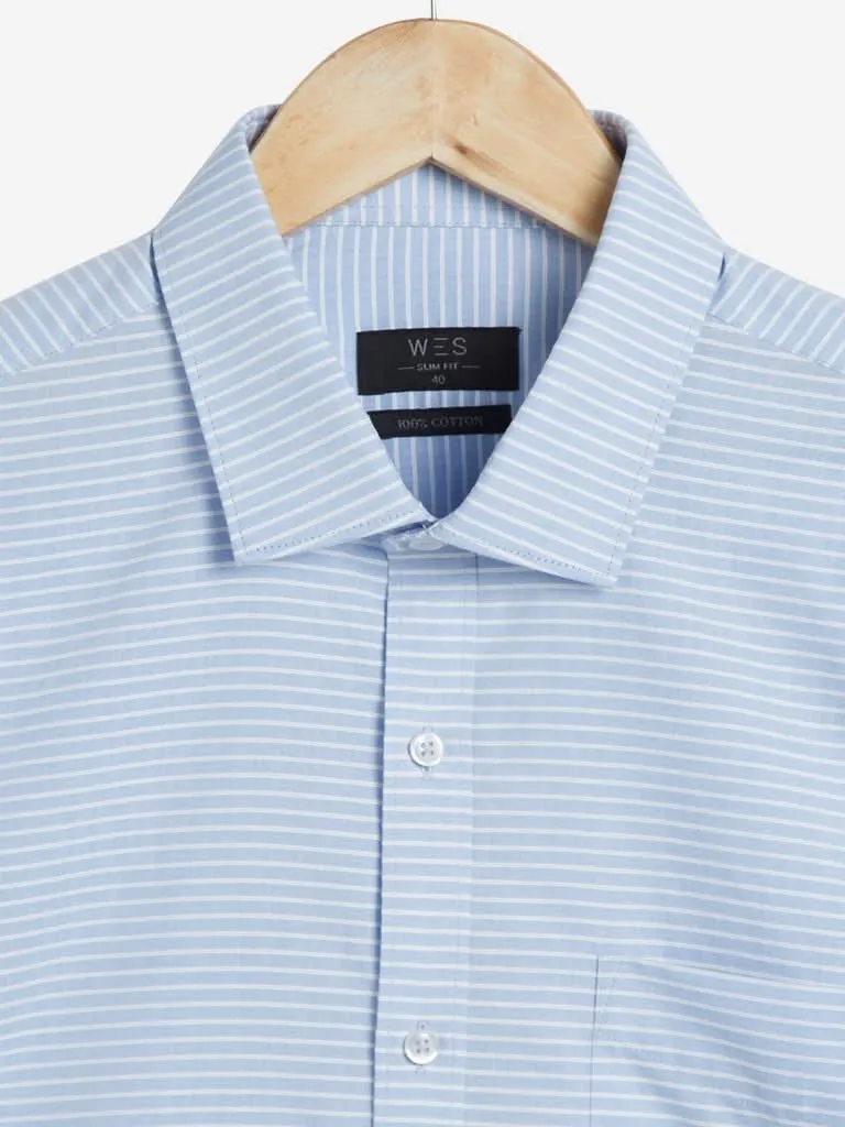 WES Formals Light Blue Striped Slim Fit Shirt