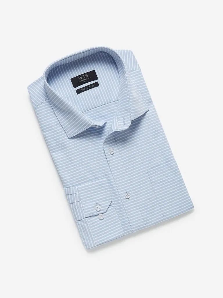 WES Formals Light Blue Striped Slim Fit Shirt