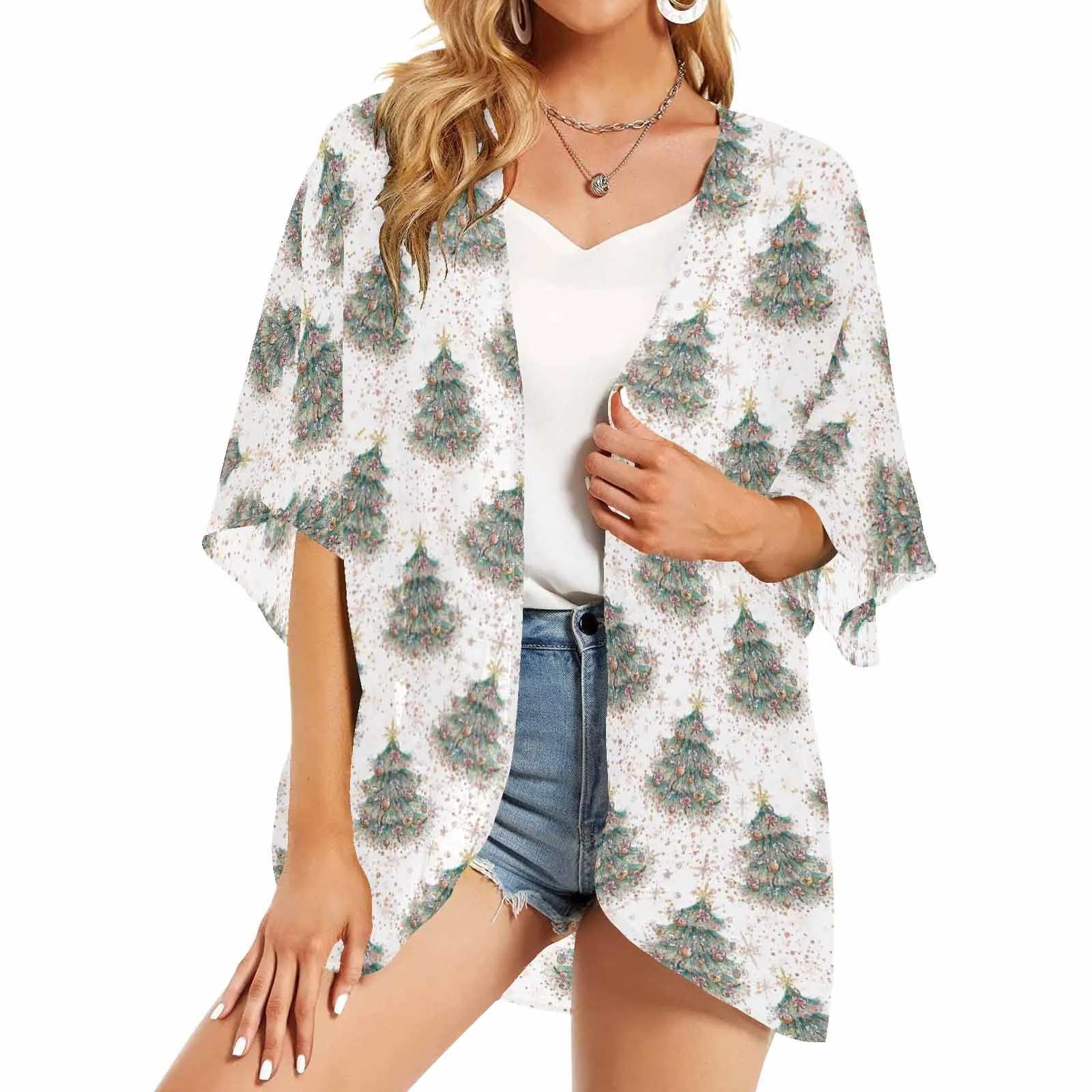 White Christmas Women's Kimono Chiffon Cover Up