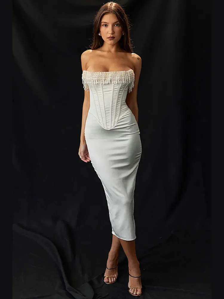 White Strapless Stylish Tassel Midi Dress