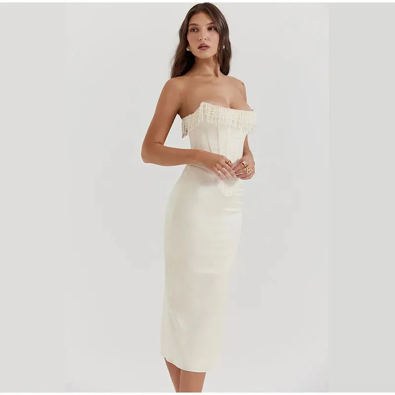 White Strapless Stylish Tassel Midi Dress