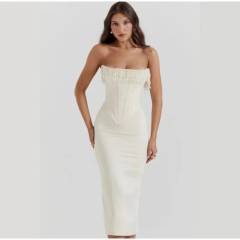 White Strapless Stylish Tassel Midi Dress