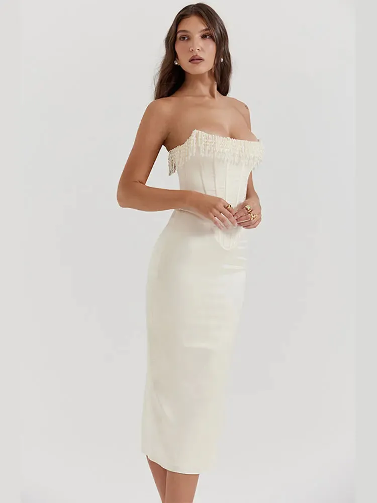 White Strapless Stylish Tassel Midi Dress