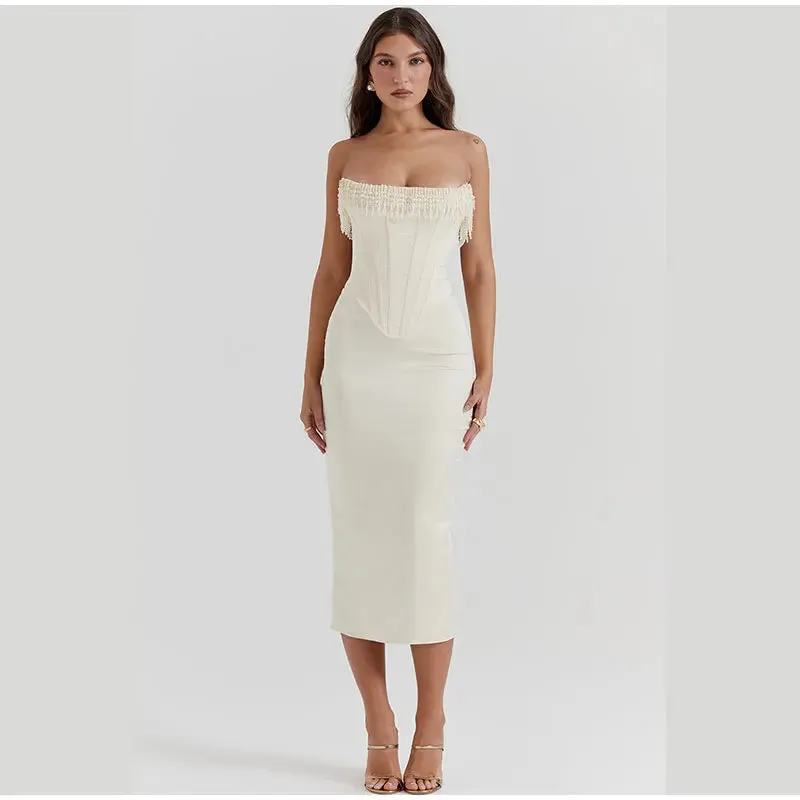 White Strapless Stylish Tassel Midi Dress