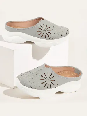 Women Grey Laser Cut Design Stitched Breathable Back Open Slip On Mules Shoes